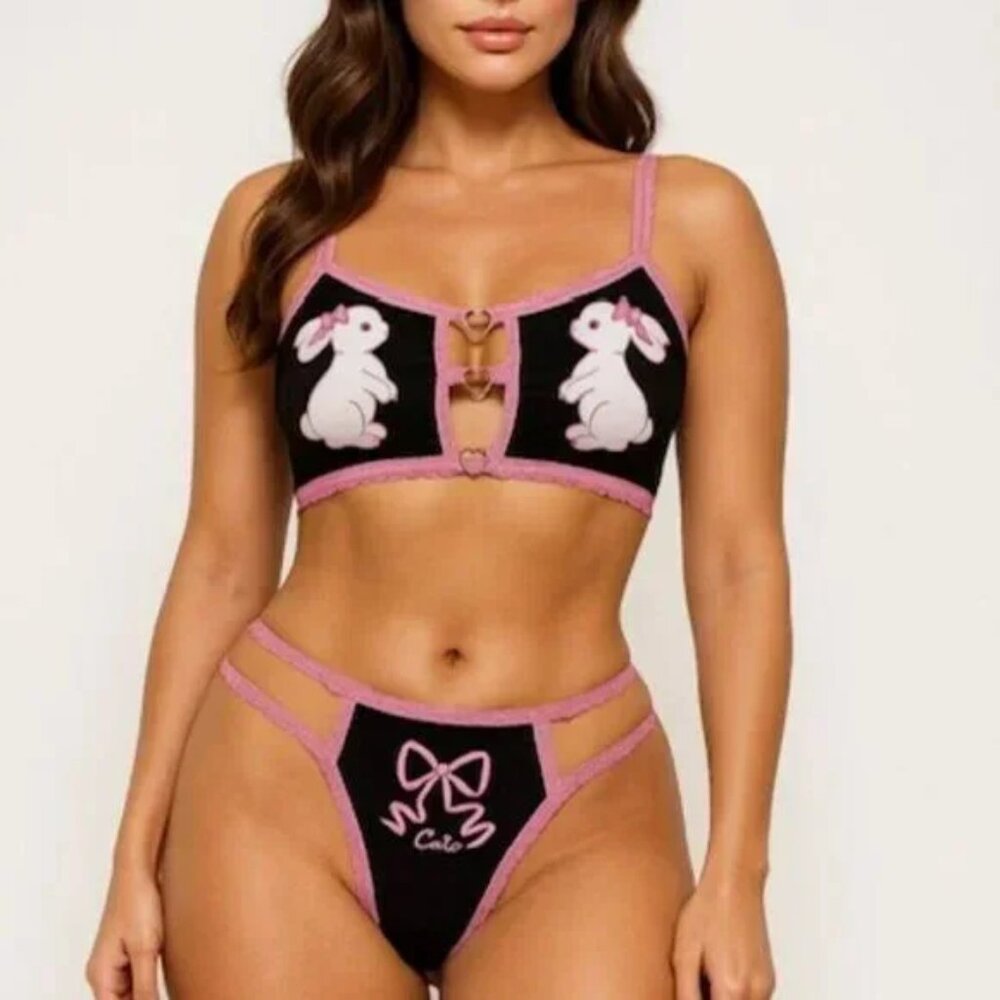 Pink & Black Bunny Intimates Set NWT Coquette Bralette Thong Lingerie